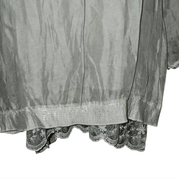 Giusy Italy Silk Blouse Lace Detail Sequins 2 Layers in Front Sheer arms GREY L - Picture 2 of 9